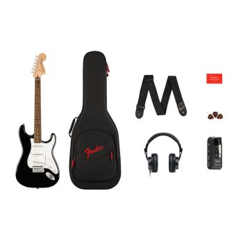 Squier Affinity Series Stratocaster Mustang Micro Pack, Laurel Fingerboard, Black, Gig Bag, HD9, US, CA, EU, AU, JP